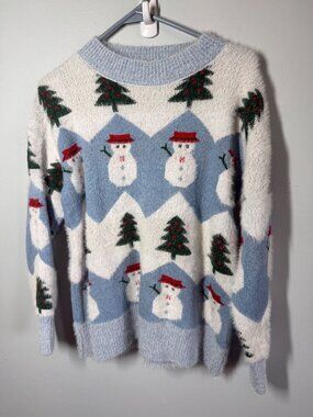Snowman/Christmas Tree Fuzzy Knit Sweater Winter Holiday Medium Christmas Cozy